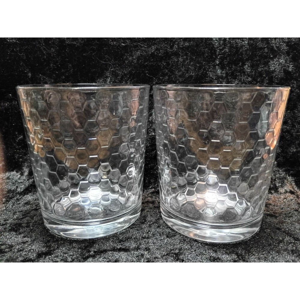 Vintage Pasabahce Honeycomb Rocks Glasses Set of 2 Double Droplet Mark 4"